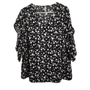 Jouica Womens Floral Blouse Size L Black Cream V-Neck Ruffle Sleeve Top